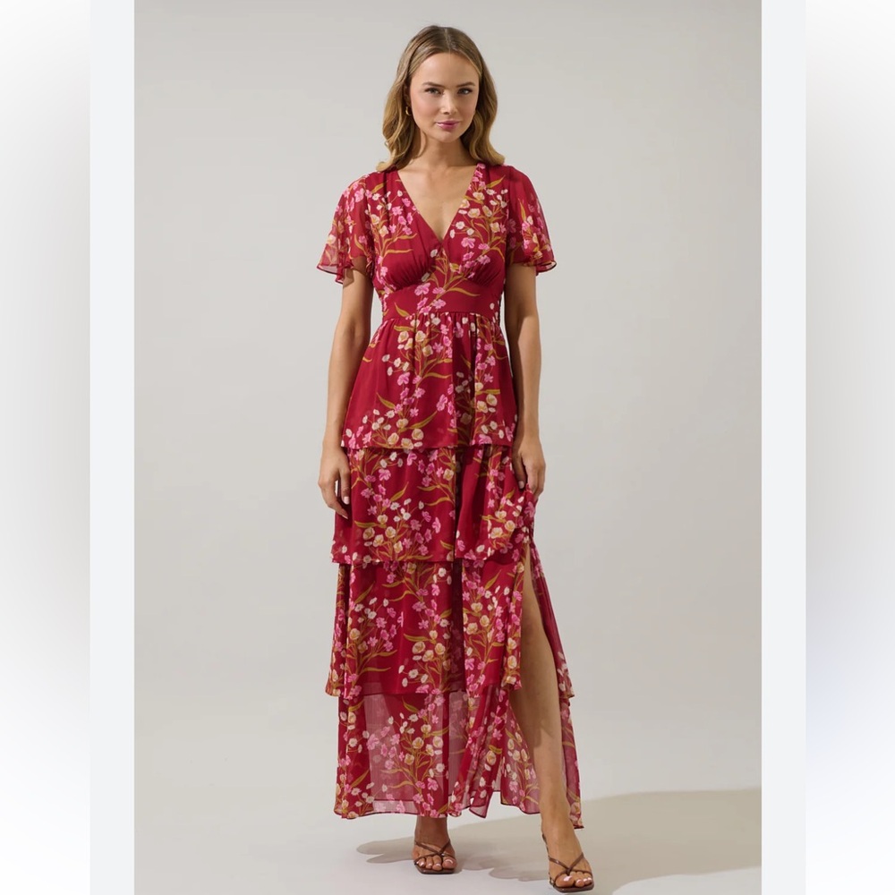 SugarLips  Ginnie Red Floral tiered maxi  Dress